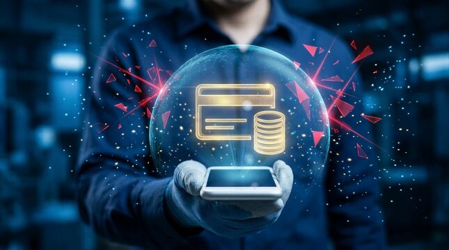 Secure online banking concept featuring glowing credit card and coins inside protective force field deflecting red debris on phone