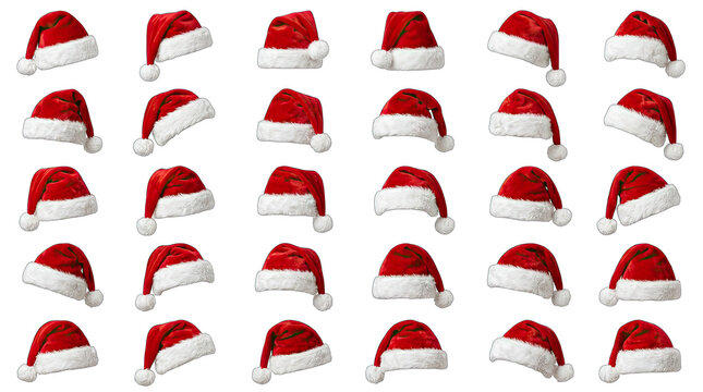 A collection of vibrant classic santa hats displayed in a grid pattern isolated on transparent background