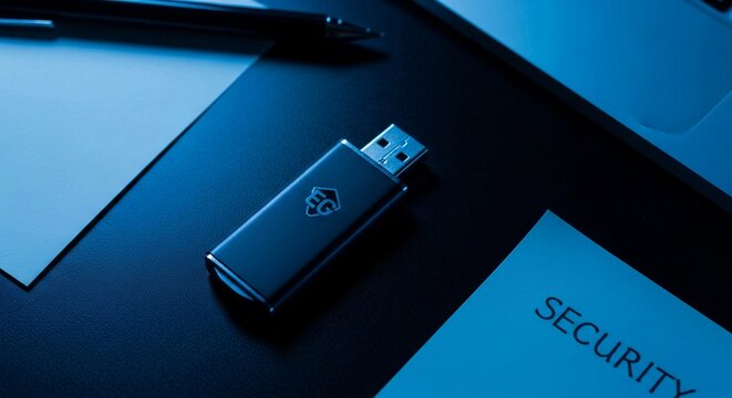Sleek USB flash drive with a subtle logo, partially inserted into a port on a dark surface, representing digital data transfer.