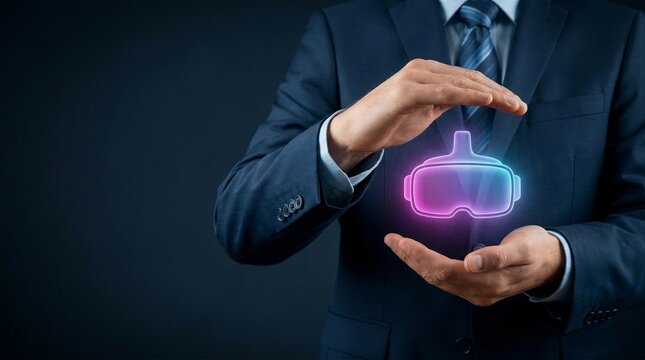 Businessman protecting a neon virtual reality headset hologram representing the metaverse and immersive gaming technology
