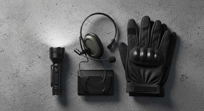 Tactical flashlight, communication headset, and protective glove arranged on textured concrete surface