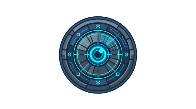A futuristic blue and grey circular digital interface with a central eye-like element and intricate geometric patterns, resembling a high-tech scanner or radar display.