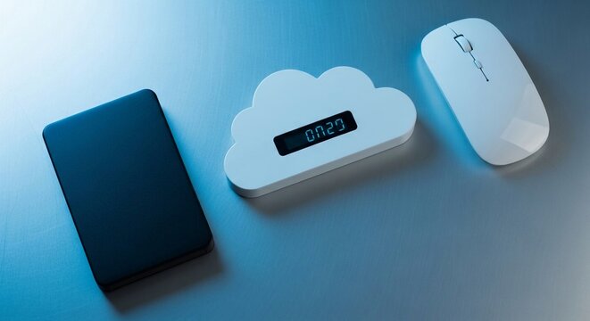 White cloud-shaped device displaying digital data, positioned next to dark smartphone and another white device