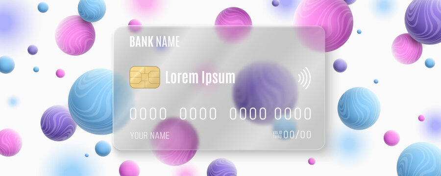 Abstract credit card concept featuring a transparent payment card surrounded by colorful floating spheres on white background. Financial technology and contactless payment concept. Vector illustration