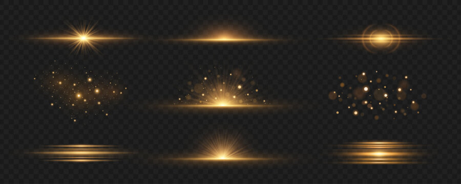 Set of golden light effects on a dark transparent background. Abstract sparkling flash, glares bokeh, backlight and glowing particles with moving laser beams effect for modern design. Vector.