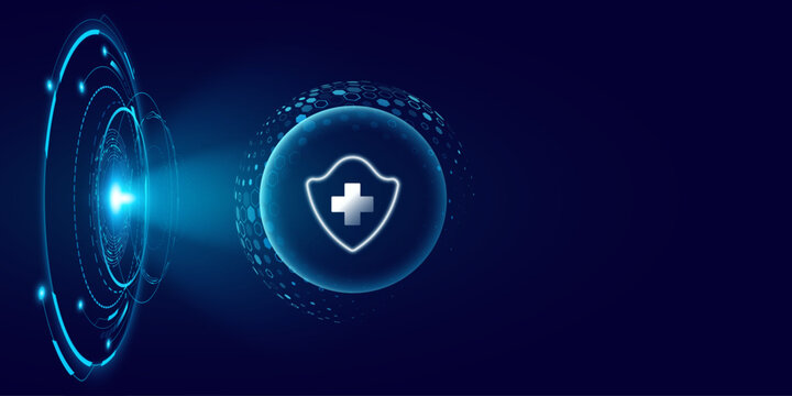 Glowing holographic sphere with a shield and medical cross floating above a hi-tech HUD circle. Modern concept for healthcare background or scientific research presentation. Vector illustration.