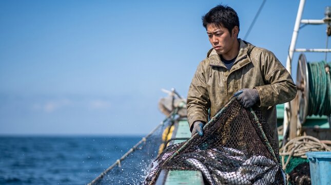漁船の上で網を引き揚げる漁師の男性