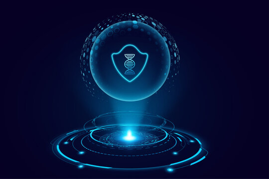 Holographic hexagonal glowing cyber sphere with a shield and DNA icon floating above a hi-tech HUD circle. Concept for healthcare background or scientific research presentation. Vector illustration.