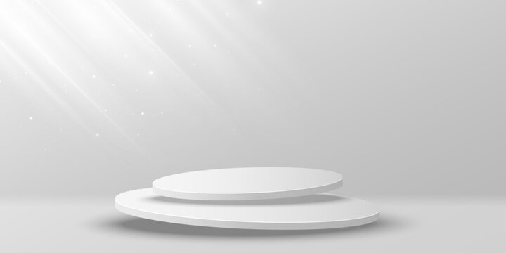 Minimalist white bright 3D podium for display your product featuring two levitating overlapping circular stages with rays on a light studio background. Modern empty platform. Vector illustration.