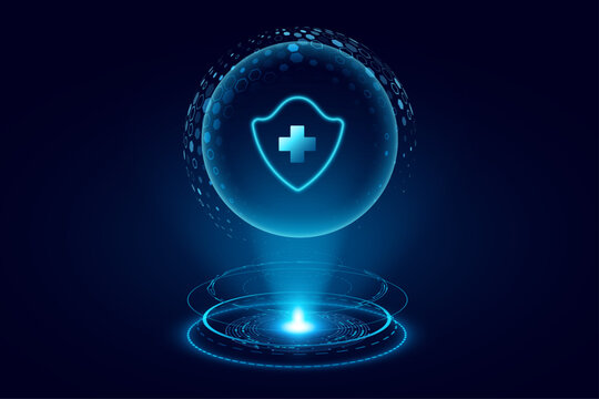 Glowing holographic sphere with a shield and medical cross floating above a hi-tech HUD circle. Hi-tech elements for healthcare background or scientific research presentation. Vector illustration.