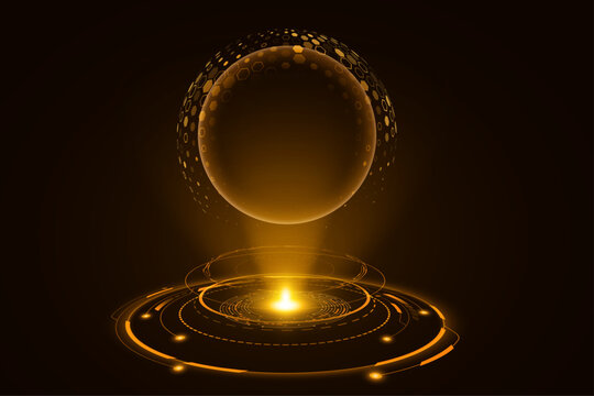 Glowing holographic cyber shield sphere with futuristic hexagonal pattern floating above a hi-tech HUD circle. Graphic elements for UI design or technology background. Vector illustration.