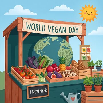 World Vegan Day cute flat vector illustration with market stall