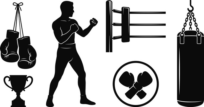 Professional boxing sport vector silhouette set featuring boxer fighter stance, hanging gloves, winner trophy cup, ring corner ropes, heavy punching bag, and crossed gloves emblem.