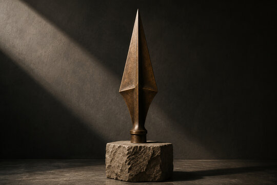 Geometric bronze spearhead sculpture mounted on rough stone plinth.