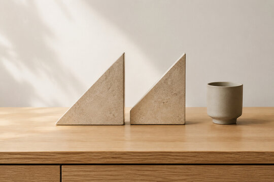 Two identical triangular bookends in row on oak desk with ceramic cup, minimalist desk organization concept
