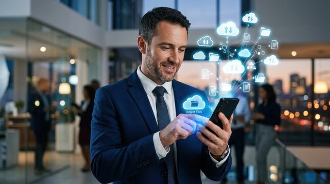 businessman interacting with glowing cloud data file icons on smartphone screen