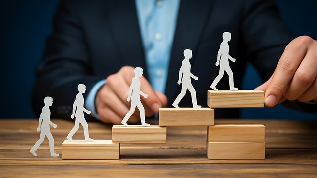 Business growth and career development concept with wooden stairs and walking figures