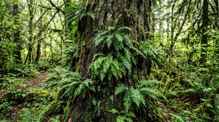 Fototapeta premium lush green ferns growing on tree bark in forest environment