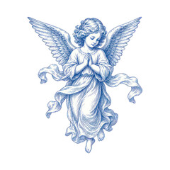 Naklejka premium Illustration of an angel with wings, in prayer. PNG with transparent background.