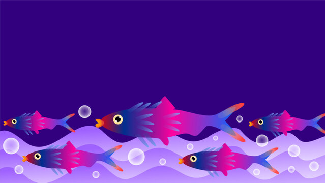colorful fish swimming along wavy sea currents in purple