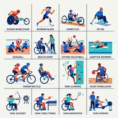 Fototapeta premium Disabled athletes participating in different adaptive sports activities like running, cycling, and swimming in various settings.