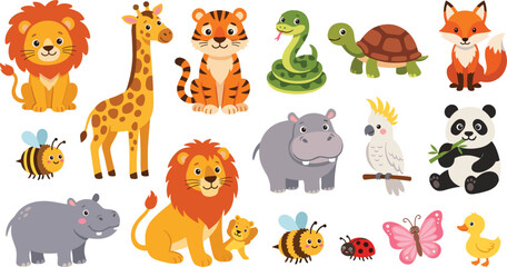 Fototapeta premium Cute Cartoon Wild Safari Animals Jungle Wildlife and Garden Insects Character Set Isolated on White Background