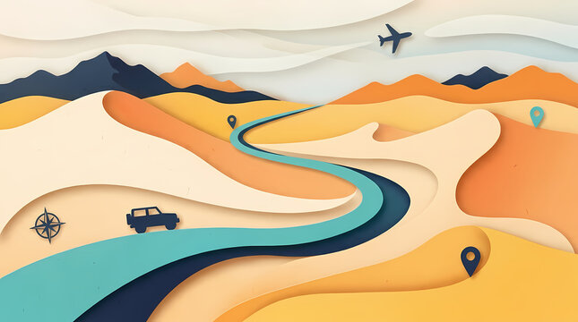 Colorful paper cut illustration of a desert road trip adventure, showcasing a winding path, car, airplane, and map pins for journey and exploration