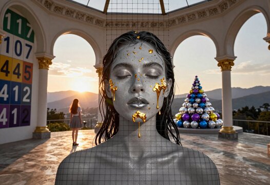 Surreal silver-skinned figure with molten gold drips in architectural sunset setting