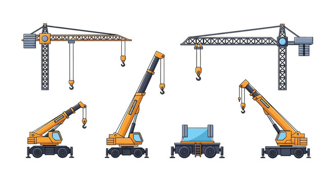 Construction Crane Vector Set with Tower and Mobile Cranes