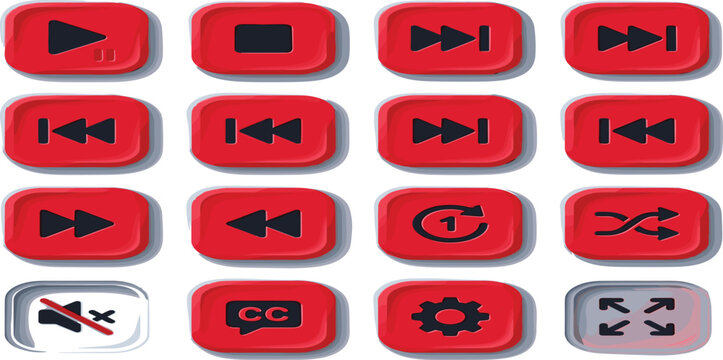 Red Media Player Button Icon Set with Glossy Play Pause Stop Fast Forward Rewind Mute Settings and Closed Caption Symbols for Video Streaming App Interface UI