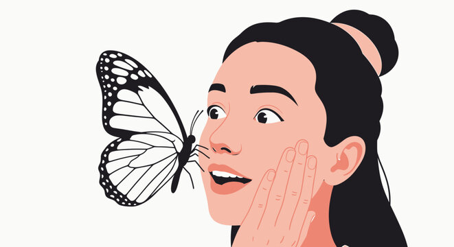 Girl with butterfly whispering secret. A woman sharing a secret with an insect. Confidential communication and sharing secrets concept.