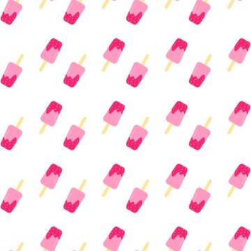 Strawberry popsicles seamless pattern. Strawberry ice cream seamless pattern. Summer frozen desserts pattern background. Cartoon popsicle repeat background
