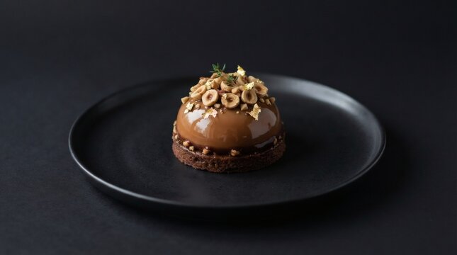 Close Up Hazelnut Praline Dome Dessert Centered Matte Black Plate Seamless Backdrop Nothing Frame

