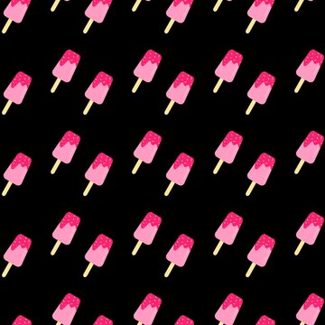 Strawberry popsicles seamless pattern. Strawberry ice cream seamless pattern. Summer frozen desserts pattern background. Cartoon popsicle repeat background