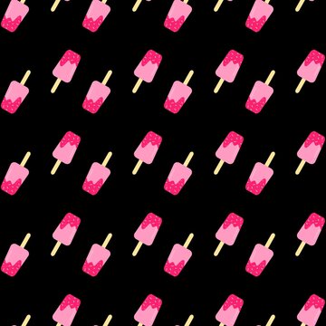 Strawberry popsicles seamless pattern. Strawberry ice cream seamless pattern. Summer frozen desserts pattern background. Cartoon popsicle repeat background