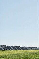 Fototapeta premium Solar panel array stretching across a bright green meadow under a clear blue sky. Renewable energy infrastructure in a clean natural landscape.
