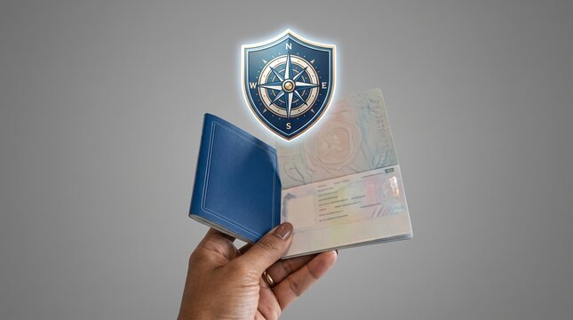 Travel passport with digital compass icon