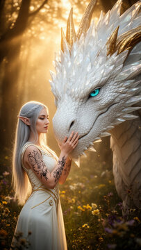drag&oacute;n blanco, elfa, mujer elfa, criatura fant&aacute;stica, fantas&iacute;a, drag&oacute;n mitol&oacute;gico, drag&oacute;n de hielo, escamas, cuernos dorados, ojos turquesa, bosque encantado, naturaleza, flores silvestres, magia, v&iacute;n