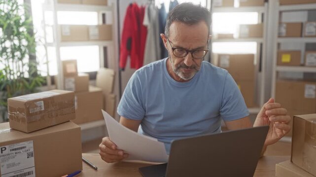 Man reading paperwork, hands holding documents by laptop amid stacked shipping boxes and shelves in a small office building surrounded by inventory; frustration focus.