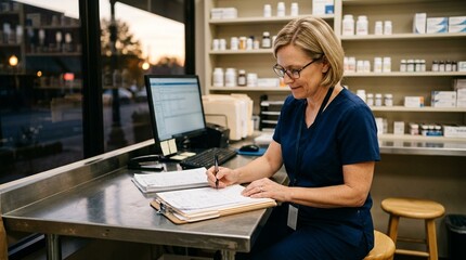 Fototapeta premium Pharmacist reviewing shelf organization for look-alike sound-alike medications stored separately in a pharmacy storage room