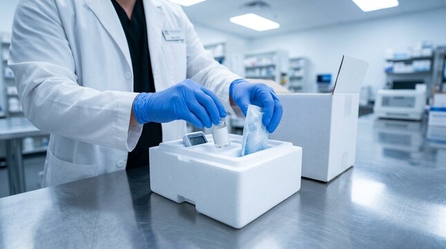 Pharmacist dispensing a specialty medication that requires cold chain packaging before shipment in a hospital pharmacy under clinical lighting