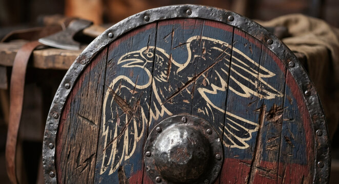 viking shield with raven drawing close-up