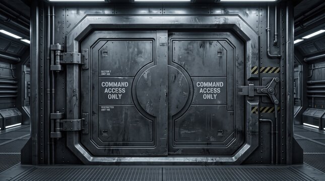 Heavy metal blast doors in a futuristic high tech bunker corridor.