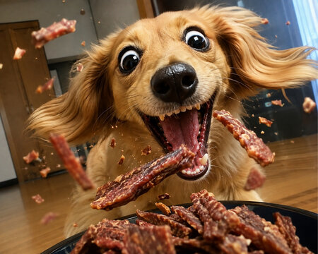 Excited dachshund eating flying jerky treats indoors
