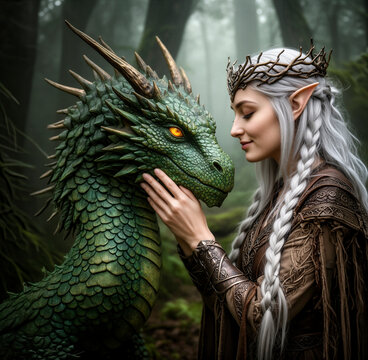 elfa, elfo, drag&oacute;n, drag&oacute;n verde, criatura fant&aacute;stica, fantas&iacute;a, fantas&iacute;a &eacute;pica, bosque, bosque encantado, naturaleza, magia, mujer, mujer elfa, orejas puntiagudas, cabello blanco, trenzas, corona de 