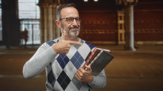 Man pointing at books and showing thumbs up in train station concourse while holding books, wearing glasses and argyle sweater; knowledge pride.