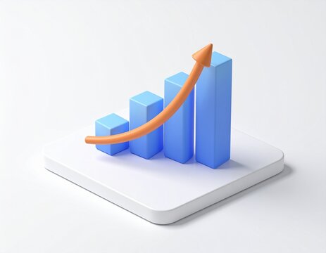 3d minimal data analysis icon. soaring finances. Strengthening currency. A bar graph with an arrow rising. 3d illustration.