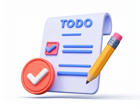 3d icon todo list with checkmark and pencil. Survey or feedback concept, isolated on white backgrund
