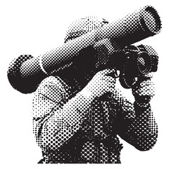 Fototapeta premium Halftone screenprint illustration of a soldier aiming a rocket launcher in a stippling dots style, rasterized black and white military silhouette isolated on white background.