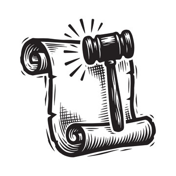 Woodcut Style Judge Gavel and Legal Scroll Illustration, Engraved Relief Carved Printmaking for Law Justice and Authority Concept